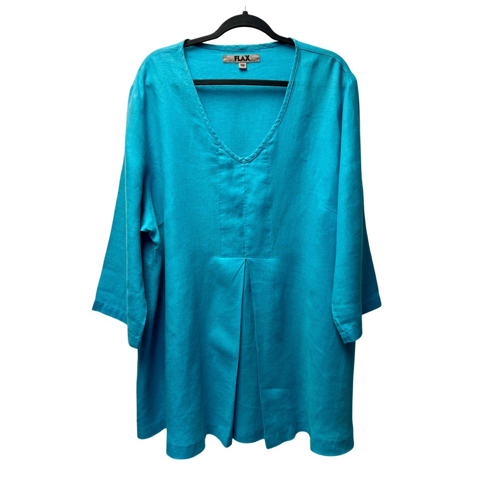 Flax by Jeanne Engelhart 1G Linen Tunic Top Turquoise Lagenlook Boho Coastal